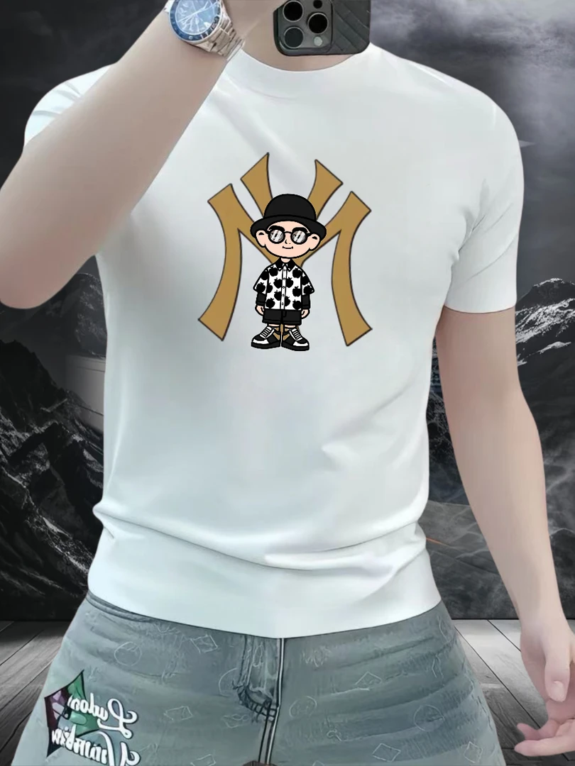 2025男士新款潮流时尚百搭帅气休闲短袖修身圆领印花夏季纯棉短袖