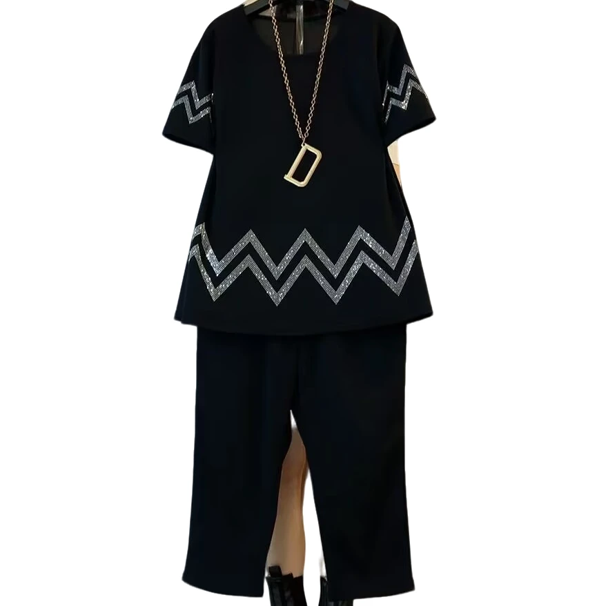 大维罗依DKL 欧货大码烫钻A字版显瘦百搭套装