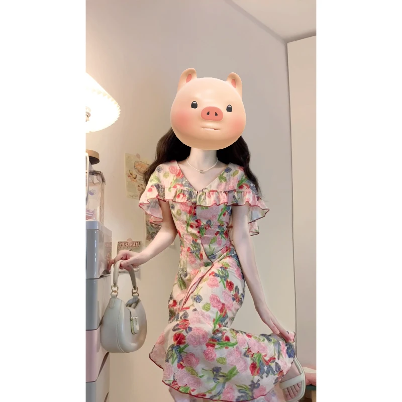 大码【芙罗拉】优雅浪漫复古法式收腰包臀荷叶摆斗篷领碎花连衣裙仙