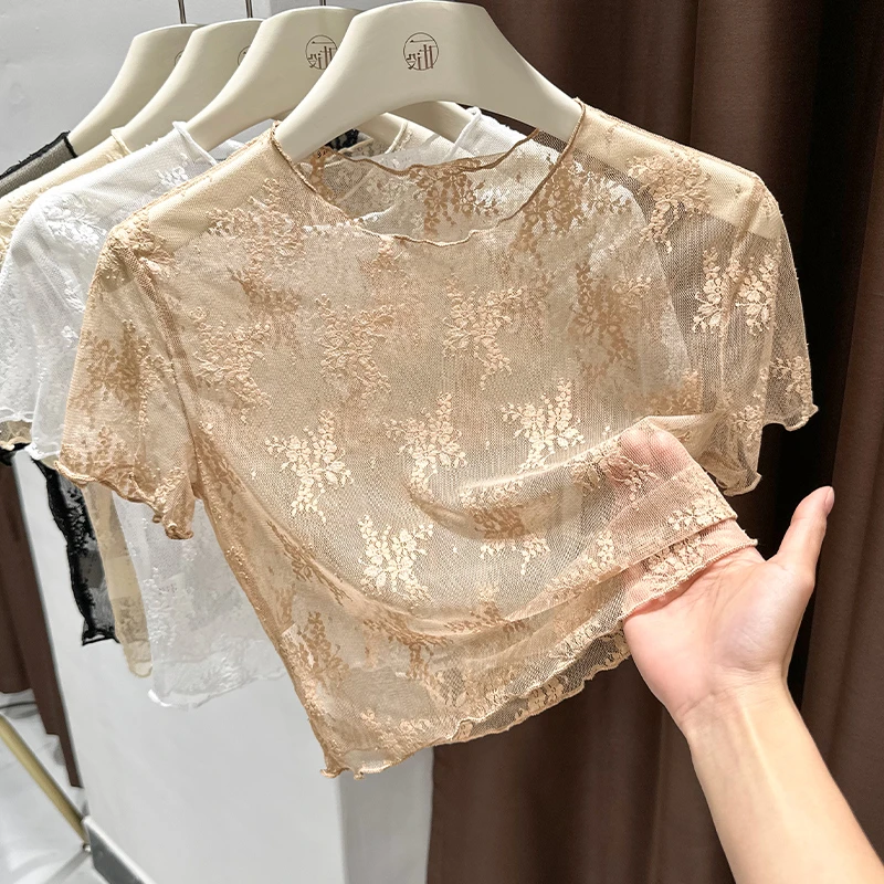 咖色时尚圆领钩花镂空叠穿上衣女2025夏季新款内搭短款洋气蕾丝衫