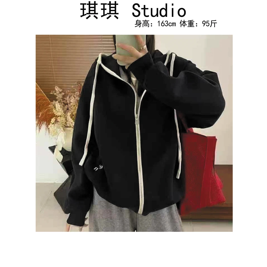 《琪琪家》秋季新款重工设计感拼色边抽绳连帽宽松显瘦减龄外套-B