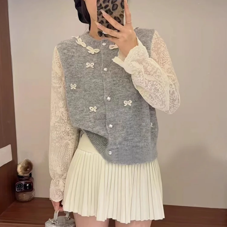 韩系温柔风重工蝴蝶结拼接蕾丝衬衫女春秋冬气质叠穿毛衣针织开衫