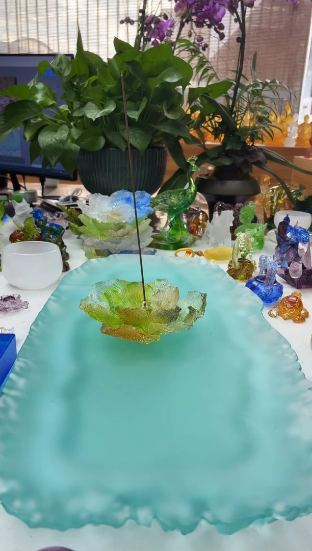 手工艺品琉璃彩色牡丹花线香插12公分
