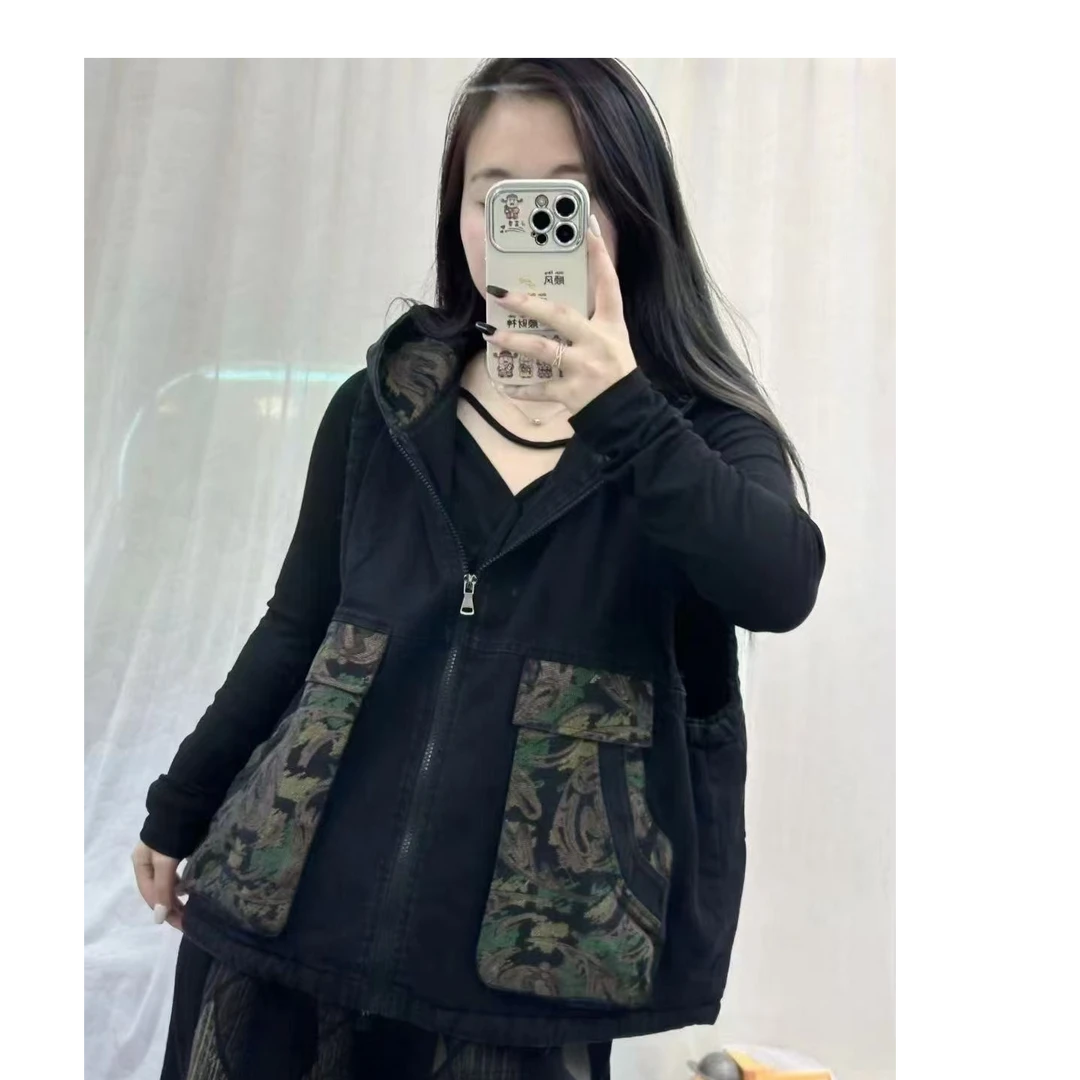 女式休闲宽松戴帽马夹