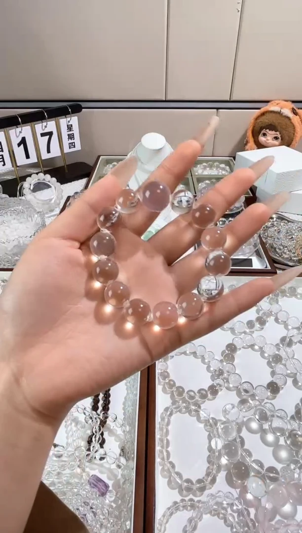 水晶手链未镶嵌天然白水晶珠径14mm顶珠粉水多样性发一