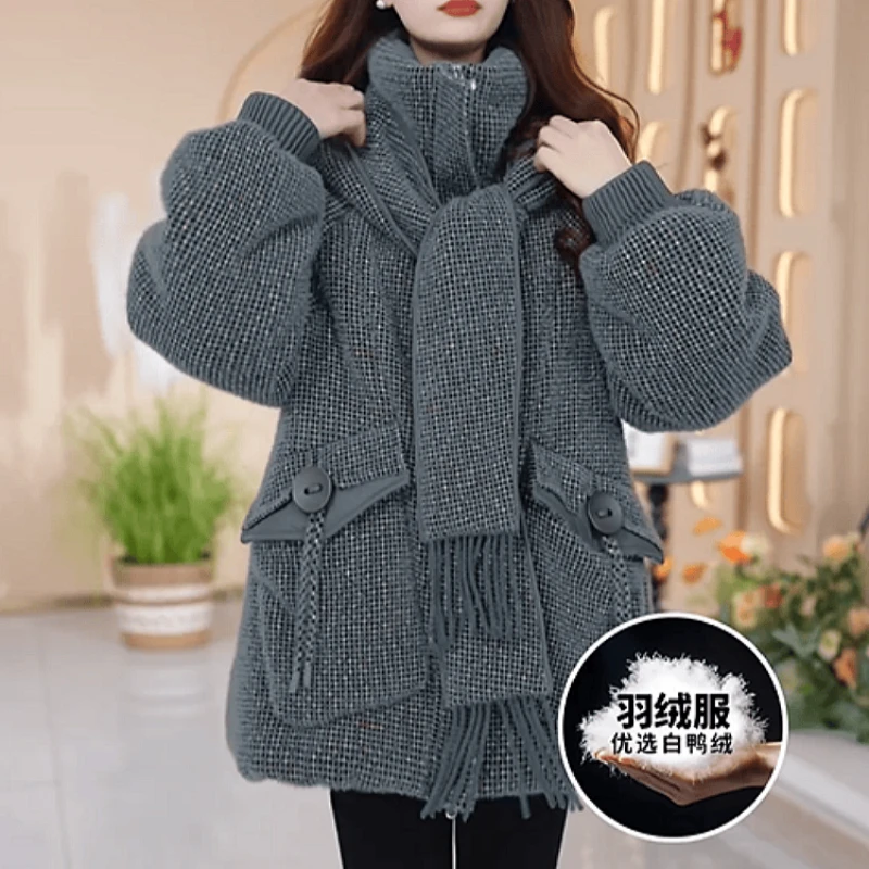 C058【羽绒服】2025冬季新款加厚保暖休闲围巾连帽减龄休闲羽绒服