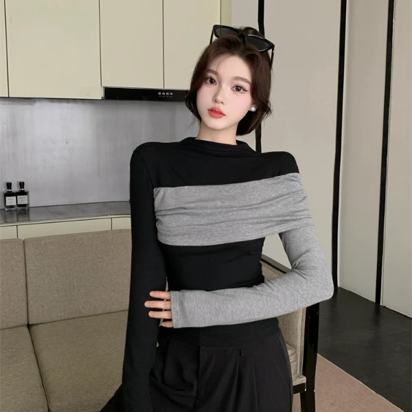美式黑灰撞色拼接立领t内搭女秋冬内搭洋气减龄修身百搭打底上衣
