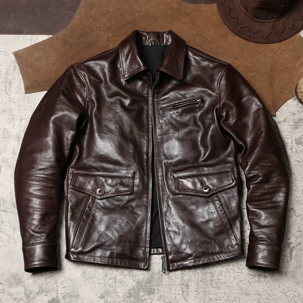张学友报童皮夹克 复古男士翻领工装皮衣 蜡染无涂山羊皮真皮外套