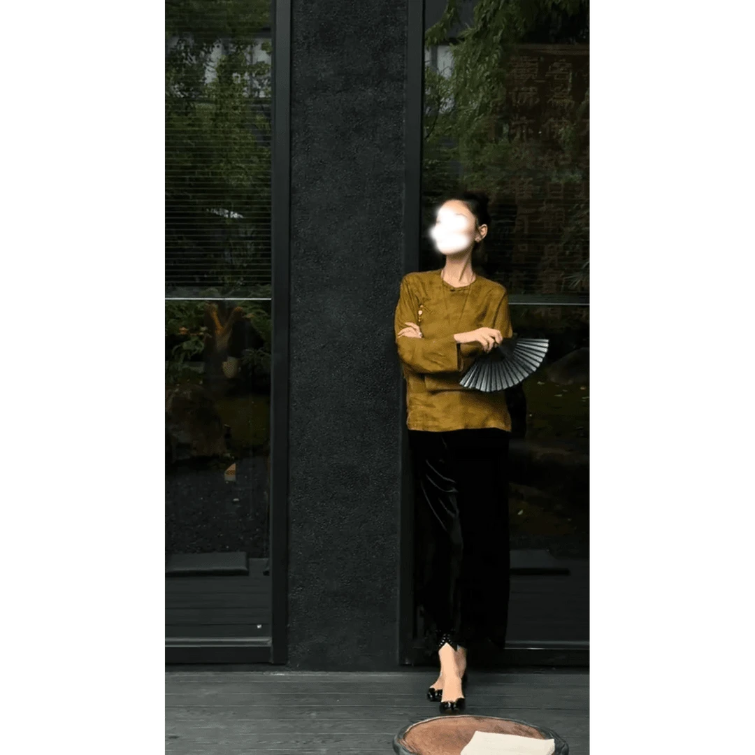 MARIE.COCO新中式国风琉璃如意扣盘长袖上衣女黑色休闲裤两件套装