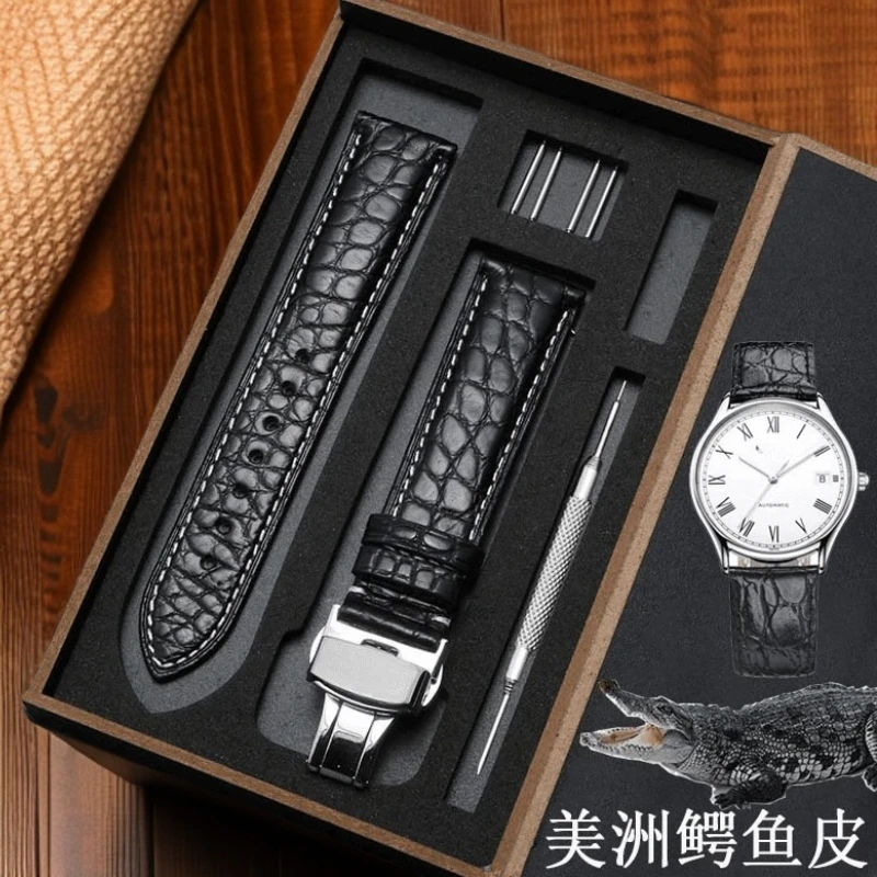 适用浪琴表带真皮男原装鳄鱼皮蝴蝶扣名匠L2军旗瑰丽女真皮手表带
