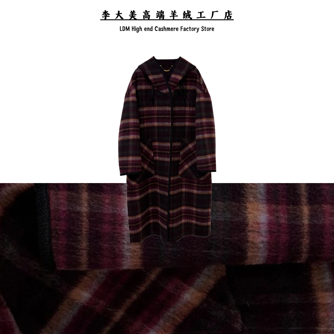 【李大美】羊驼毛+绵羊毛秋冬韩系复古连帽格子网红洋气女装9912