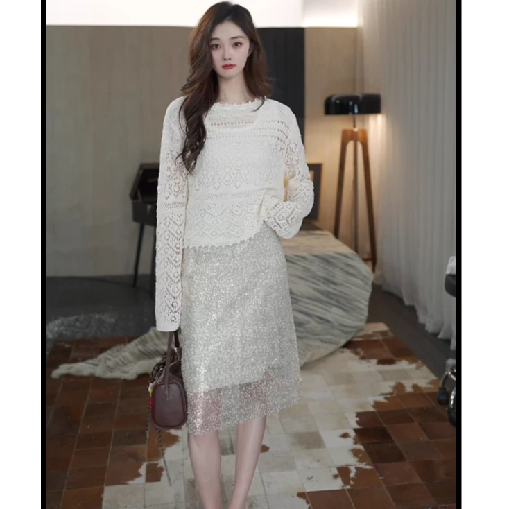 一字领镂空长袖亚麻罩衫-G0963