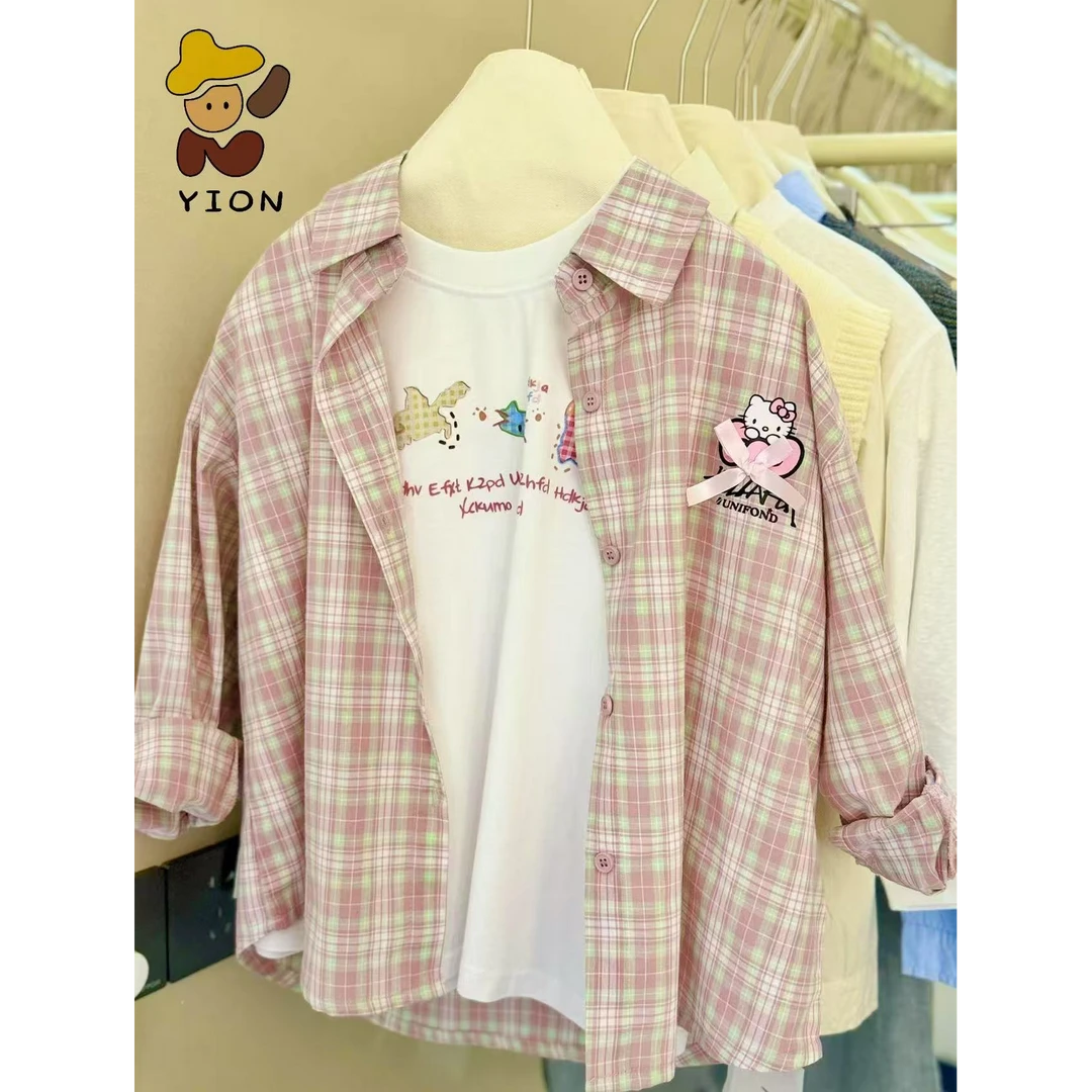 Yion Baby2025年春夏新款儿童女童粉色格子蝴蝶结衬衫
