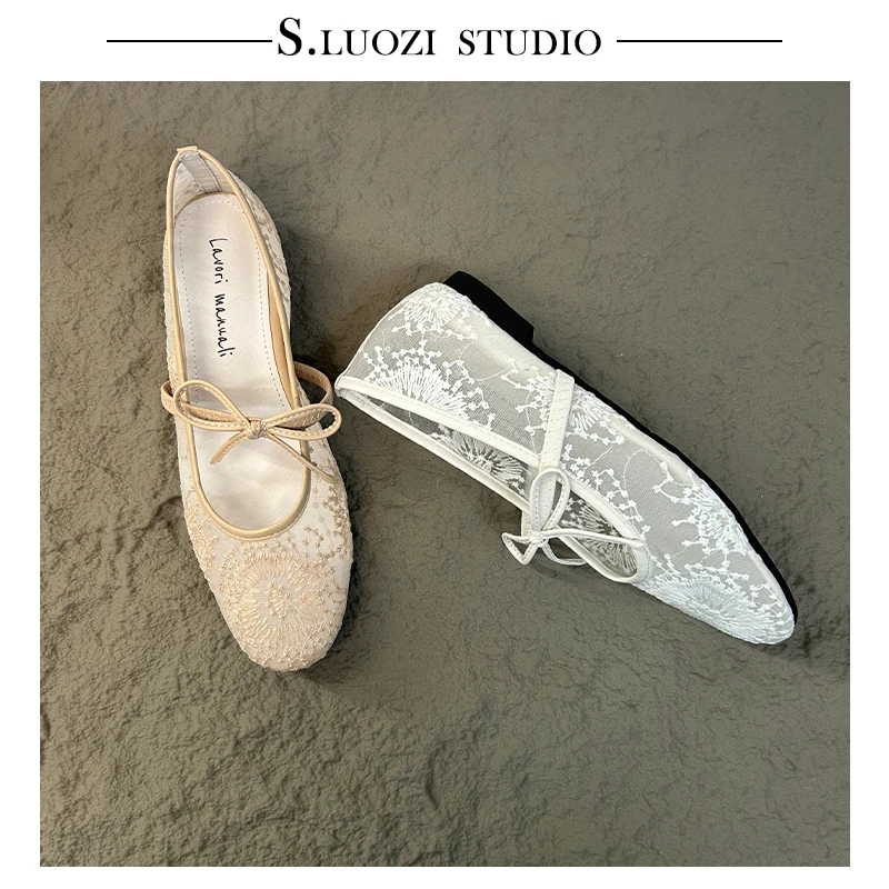 诗罗姿2025新款圆头蝴蝶结气质仙女风芭蕾舞鞋女网纱平底单鞋