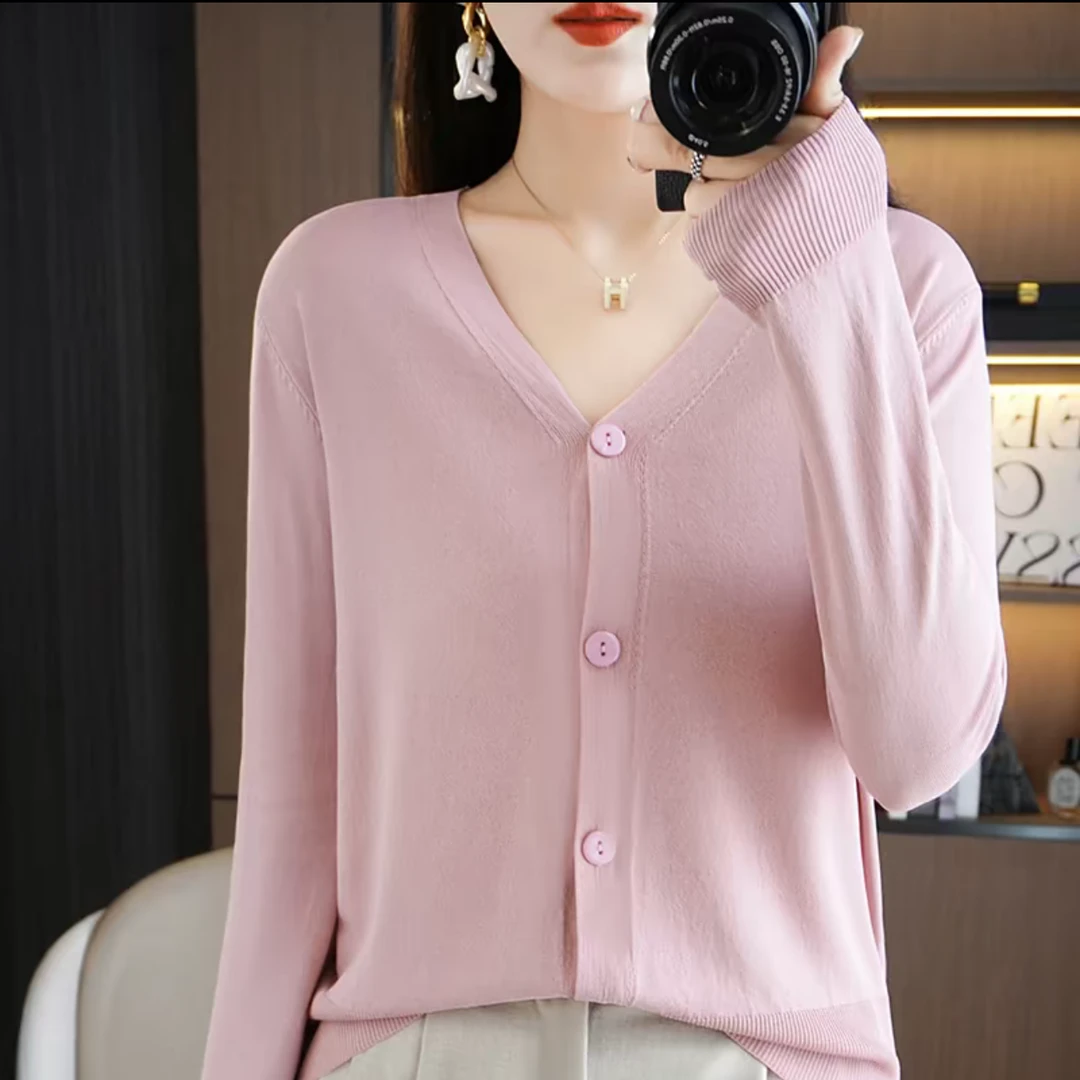 2025夏季空调衫女款针织衫洋气防晒衫V领开衫时尚纯色上衣薄款衫