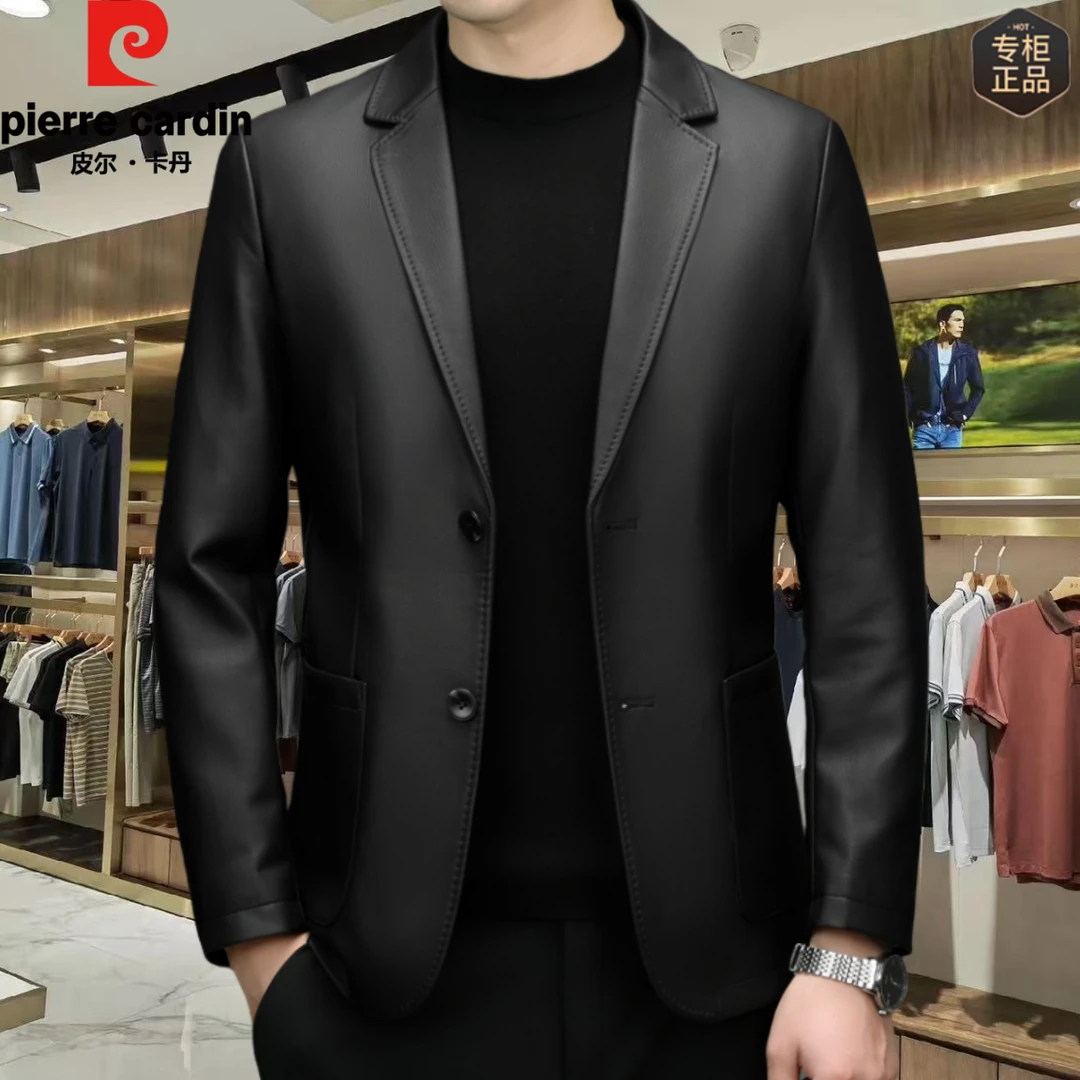 皮尔卡丹高档男士皮西装外套时尚休闲韩版修身帅气春秋季皮衣男