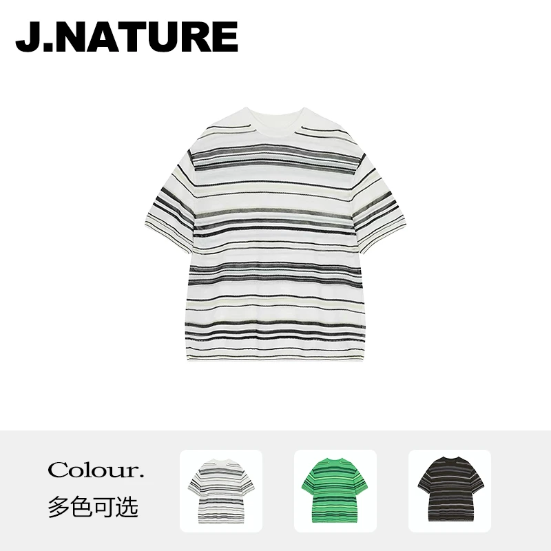 JUST NATURE ｜宽松百搭通勤条纹短袖T恤毛针织衫女
