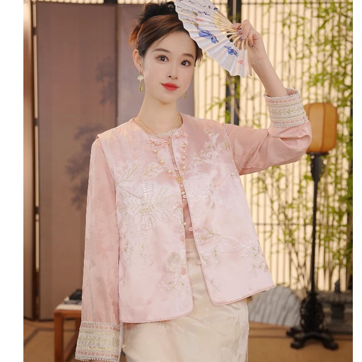 CJ【粉黛】新中式2025新款百搭粉色刺绣马甲YY2502175