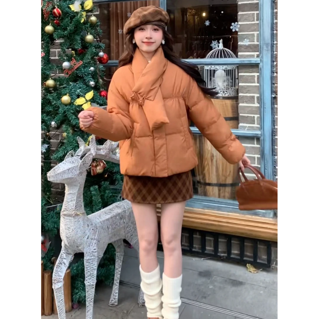 韩系宽松围脖外套女2024秋季新款小个子加厚保暖面包服上衣