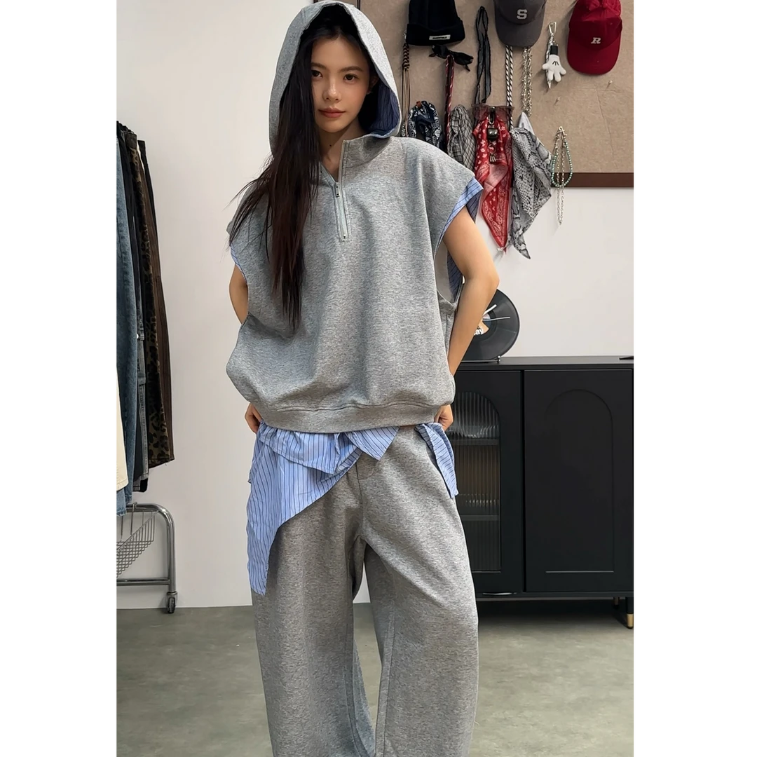 QIUYIDAODI小众假两件拼接衬衫面料坎肩连帽卫衣设计感卫裤套装男