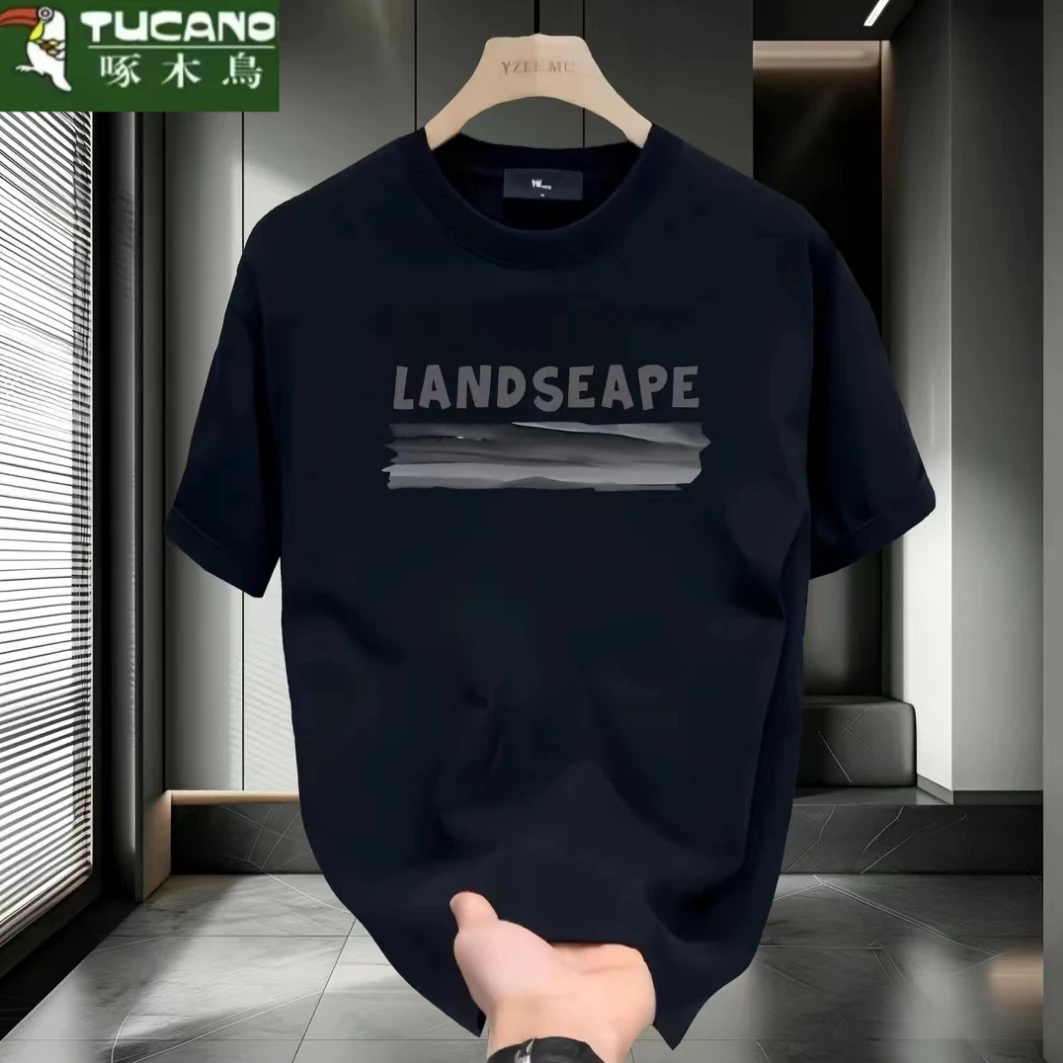 啄木鸟圆领男装潮流百搭重磅印花高端纯棉潮流男款短袖t恤休闲ins