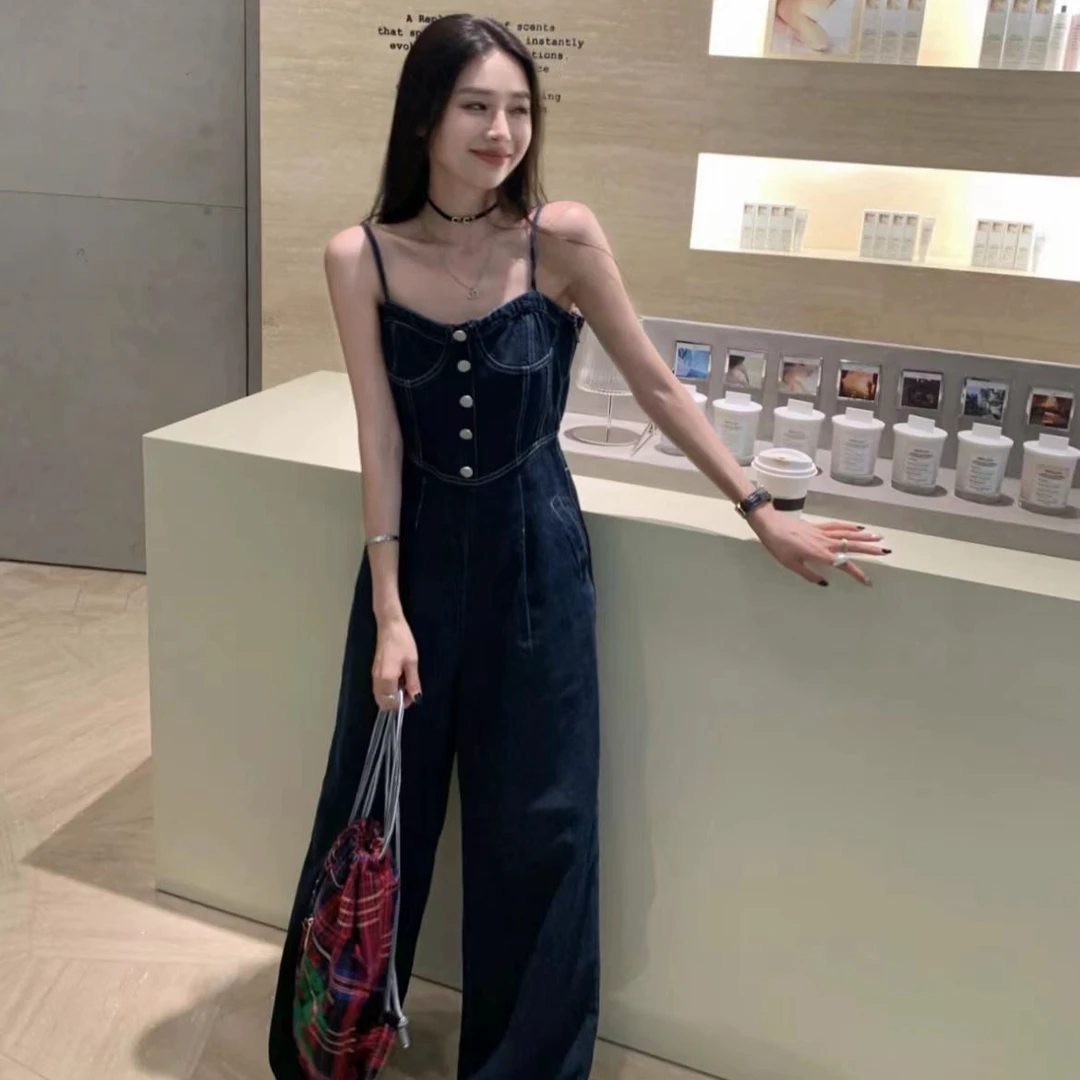 时髦高级气质修身显瘦吊带牛仔连体裤夏季新款小个子高腰时尚复古