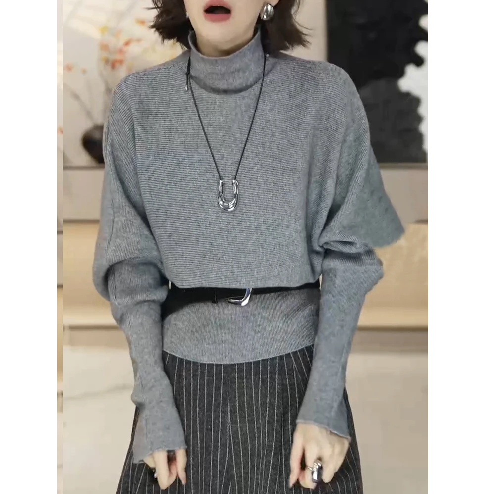 秋冬外穿套头加厚慵懒风收腰显瘦蝙蝠型长袖洋气短款针织衫毛衣女