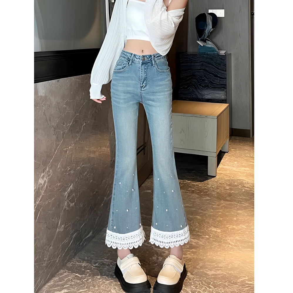衣源G8018#蕾丝钉珠微喇牛仔裤新款显瘦九分喇叭裤子女 （长约93）