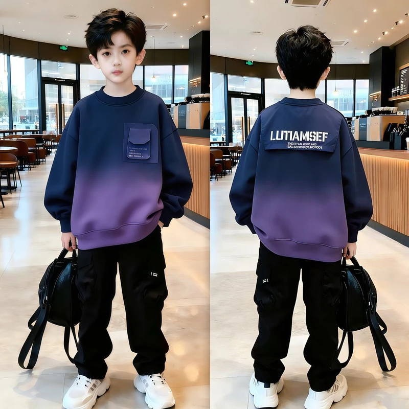 男童冬季加绒卫衣套装2025新款男孩韩版休闲帅气冬款加厚洋气潮衣