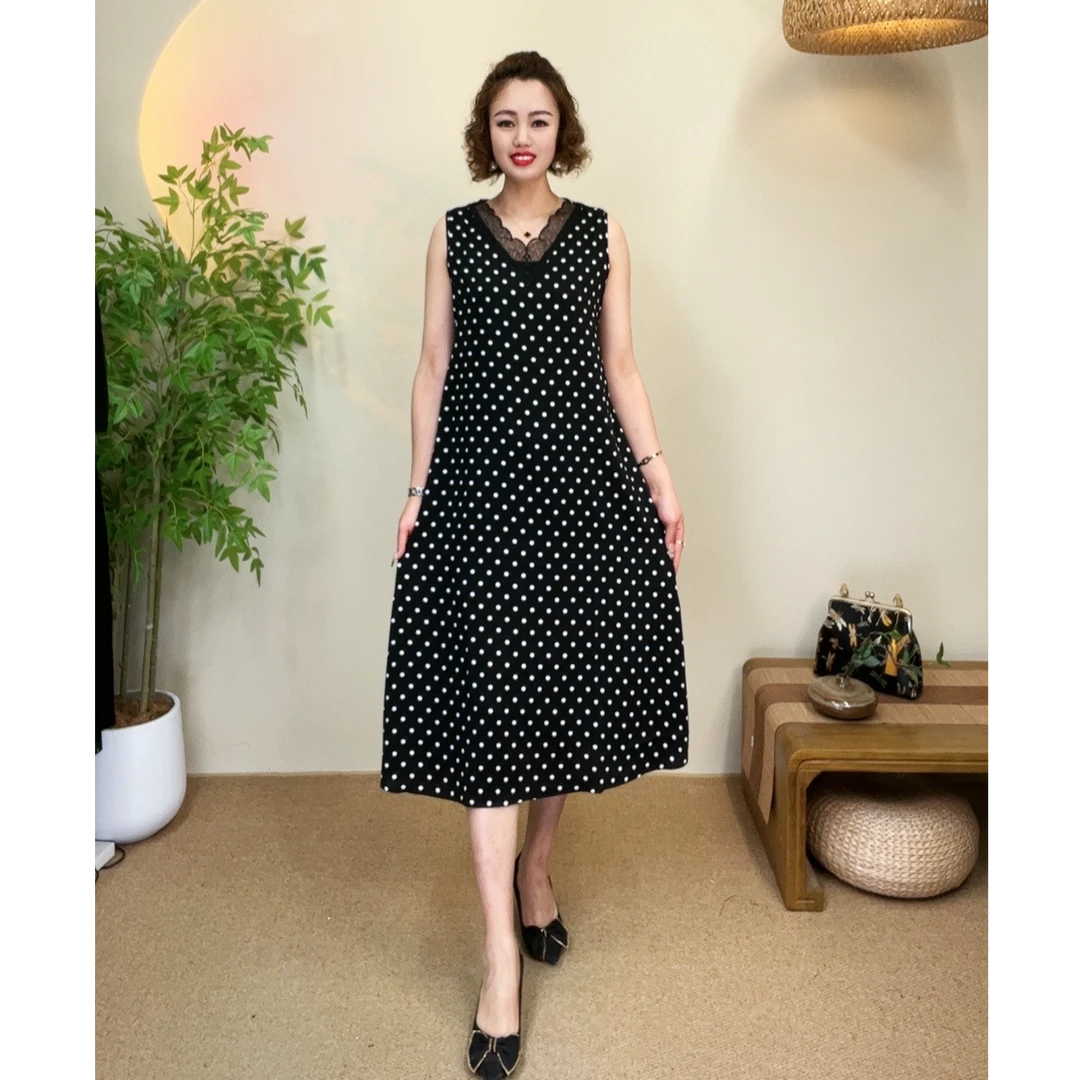 2025-5春夏款【波点V领】显瘦时尚中长款大码宽松无袖气质连衣裙