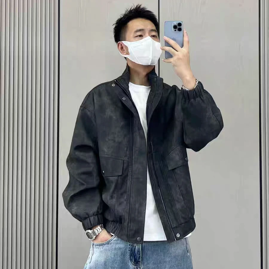 9807#春秋新款时尚潮流休闲百搭扎染洗水皮皮衣立领男士夹克外套