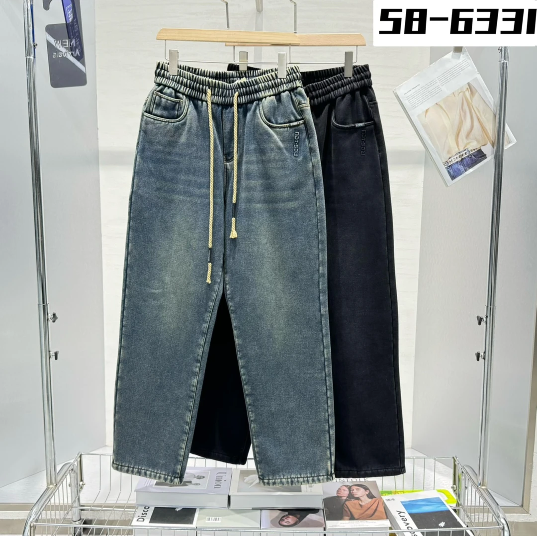 6331#冬款加绒水洗复古直筒牛仔裤男士潮流弹力宽松舒适直筒裤