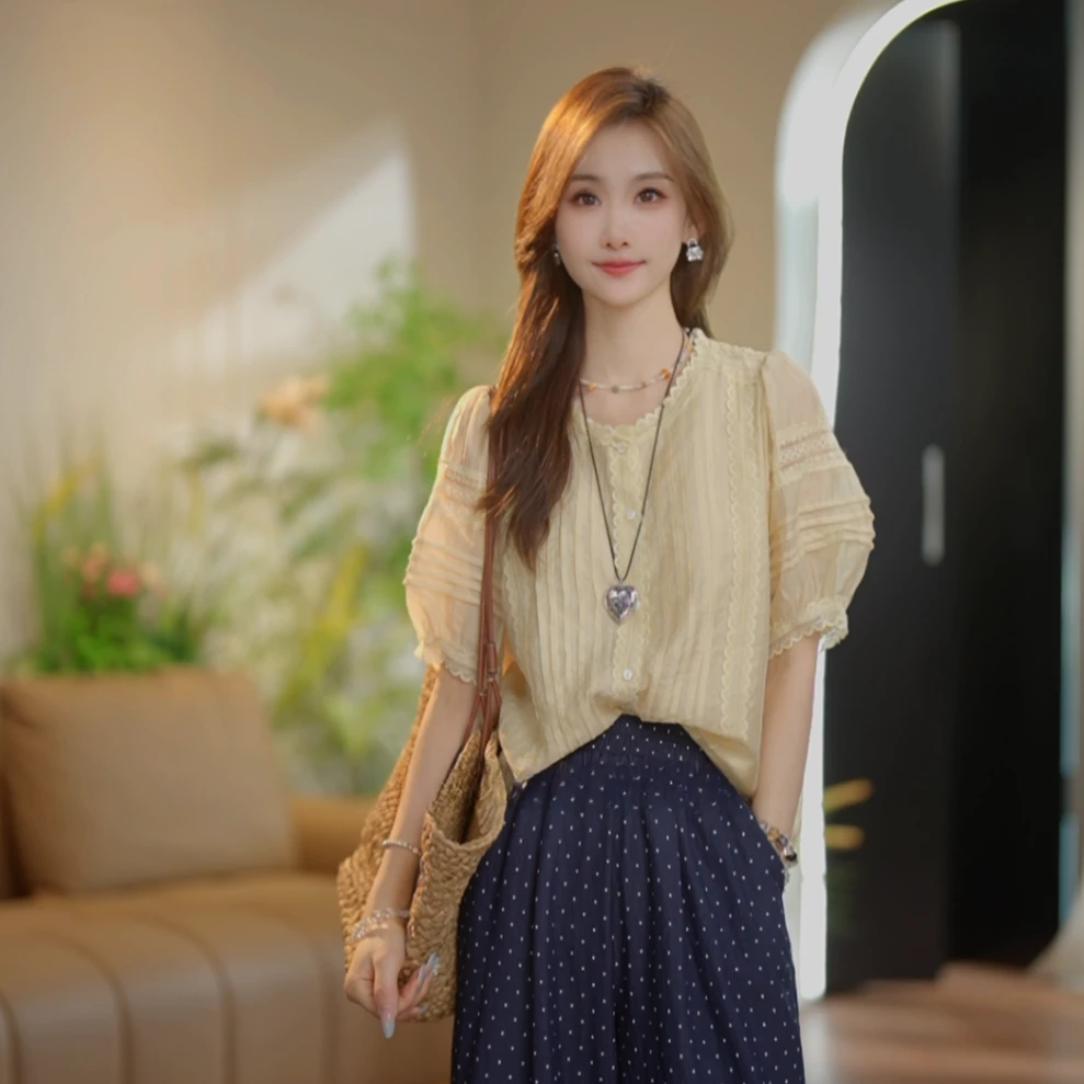 【运费补贴】珩绣2025夏女装法式蕾丝花边淑女短袖衬衫88638