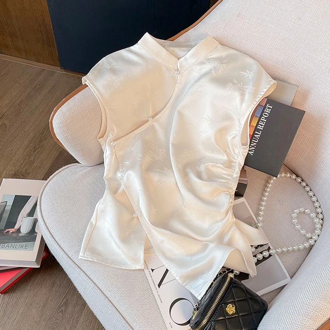 国风新中式女装夏季轻奢提花缎面无袖上衣女显瘦气质小衫收腰衬衫