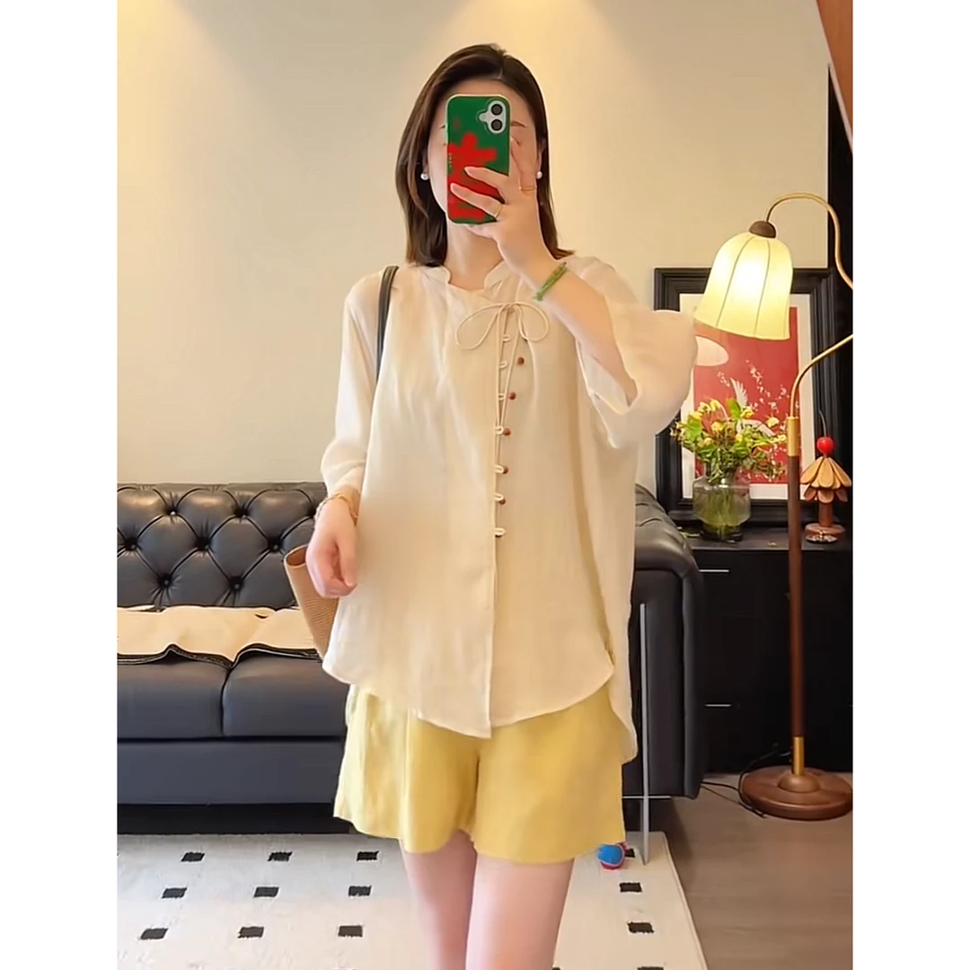 夏季新中式一整套女装2025新款绑带防晒衬衫上衣休闲短裤两件套潮