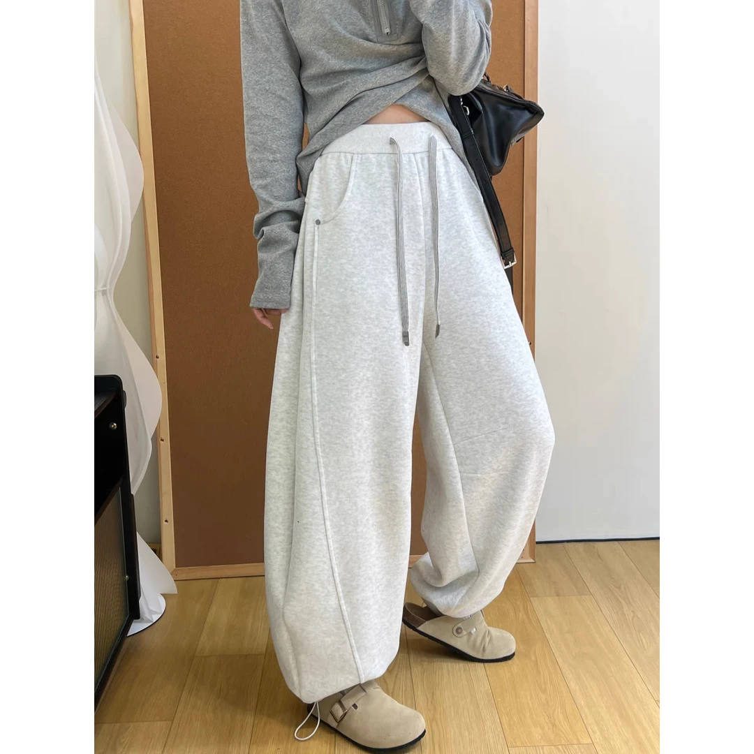 灰色抽绳束脚弯刀卫裤女秋冬加绒加厚高腰百搭宽松阔腿休闲裤长裤