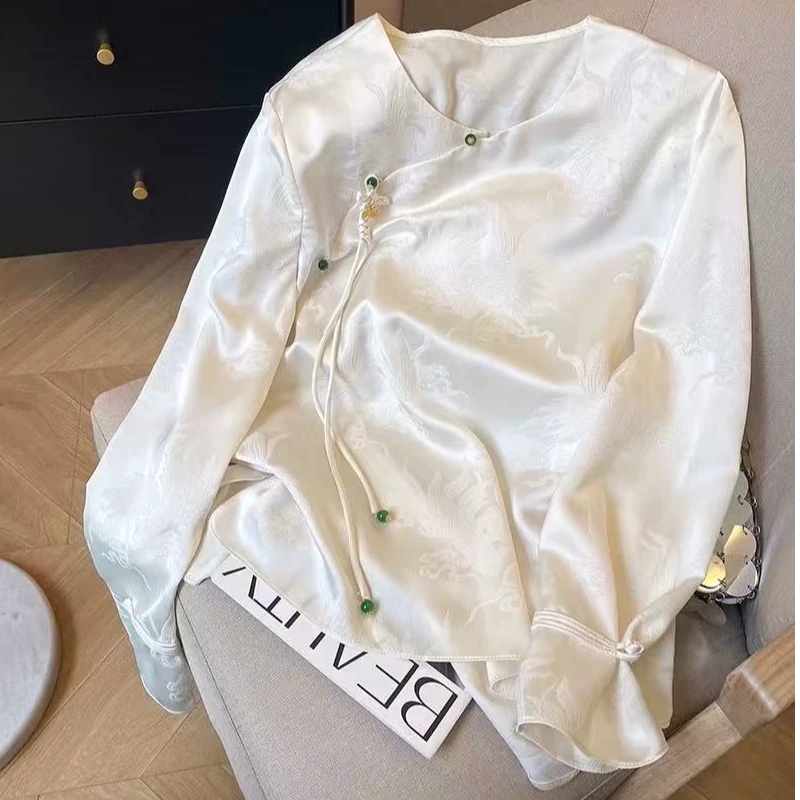 轻国风盘扣衬衫女2025年新款高端复古提花圆领上衣