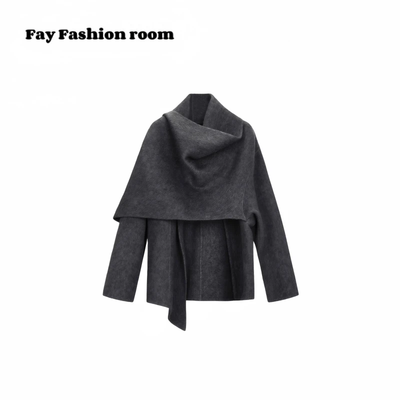 【白月光】围巾一体披肩双面羊毛大衣按扣短款百搭外套女