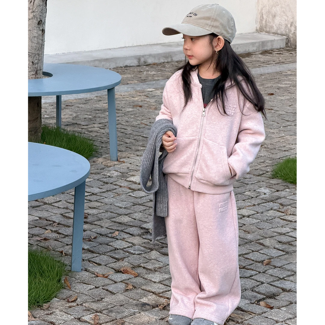 【婴儿绒】冬季女童加绒套装儿童保暖细密短绒连帽卫衣套装25H005