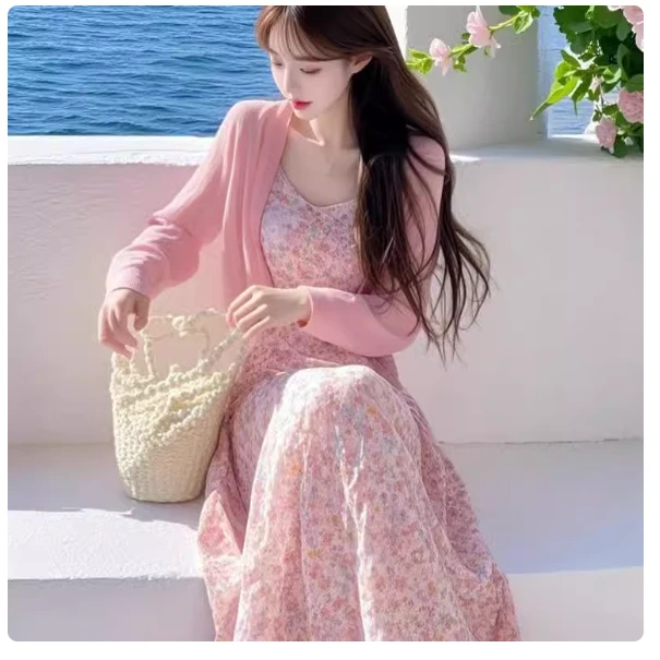 春季韩系穿搭套装女2025新款温柔风开衫上衣搭碎花连衣裙两件套