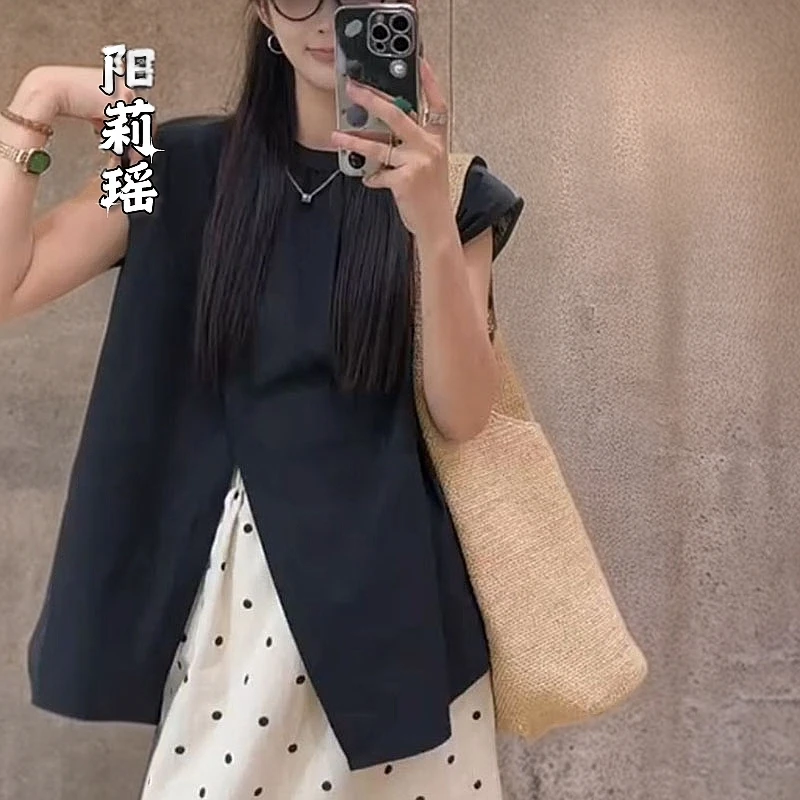 2025夏季新款开叉设计感无袖衬衫法式时尚纯色百搭宽松坎肩背心女