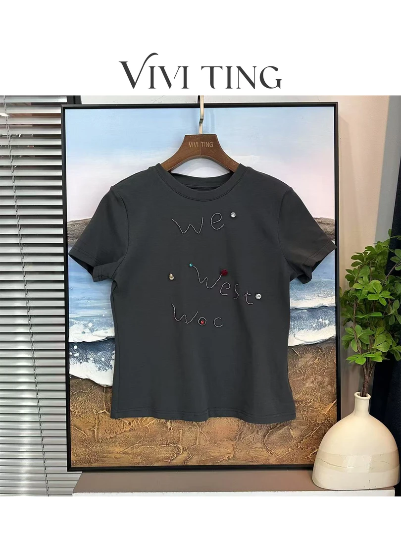 【VIVI·TING】婷姐推荐春装字母钉珠镶钻玫瑰花朵设计短袖T恤s05