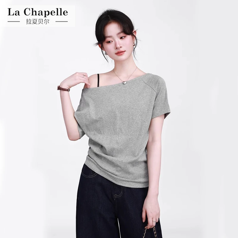 拉夏贝尔斜肩上衣女小众设计感宽松休闲短袖纯女装禅意仙气飘飘