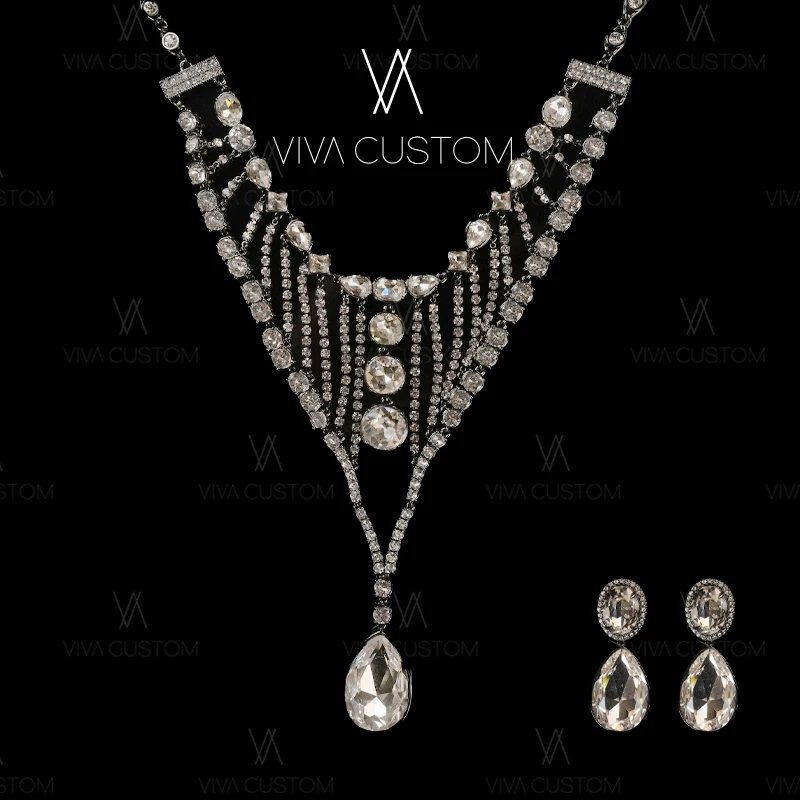 铜合金合成锆石耳饰 欧美高级镶嵌水滴套装