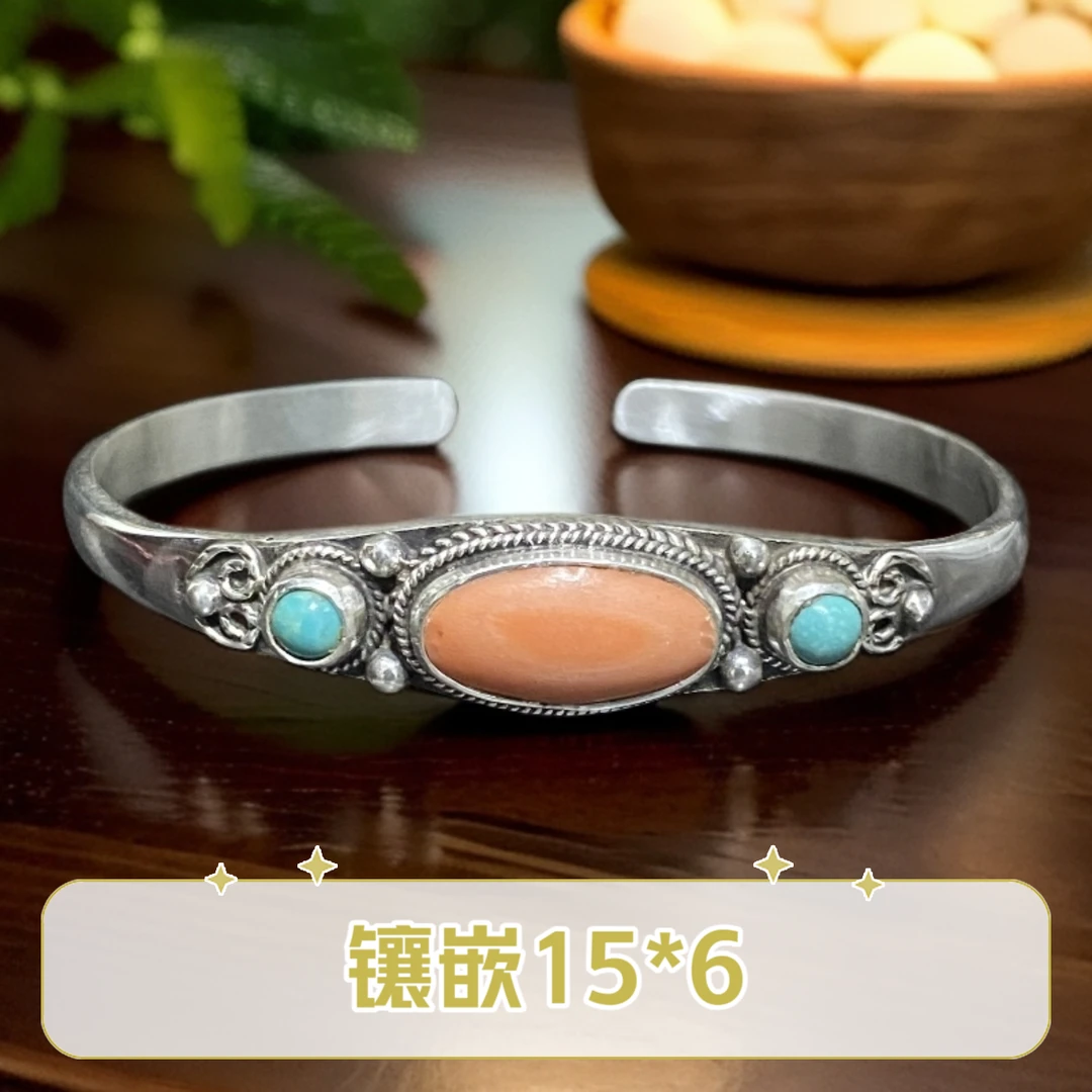 足银手镯 民族风15*6镶嵌手工手镯 SZ00145