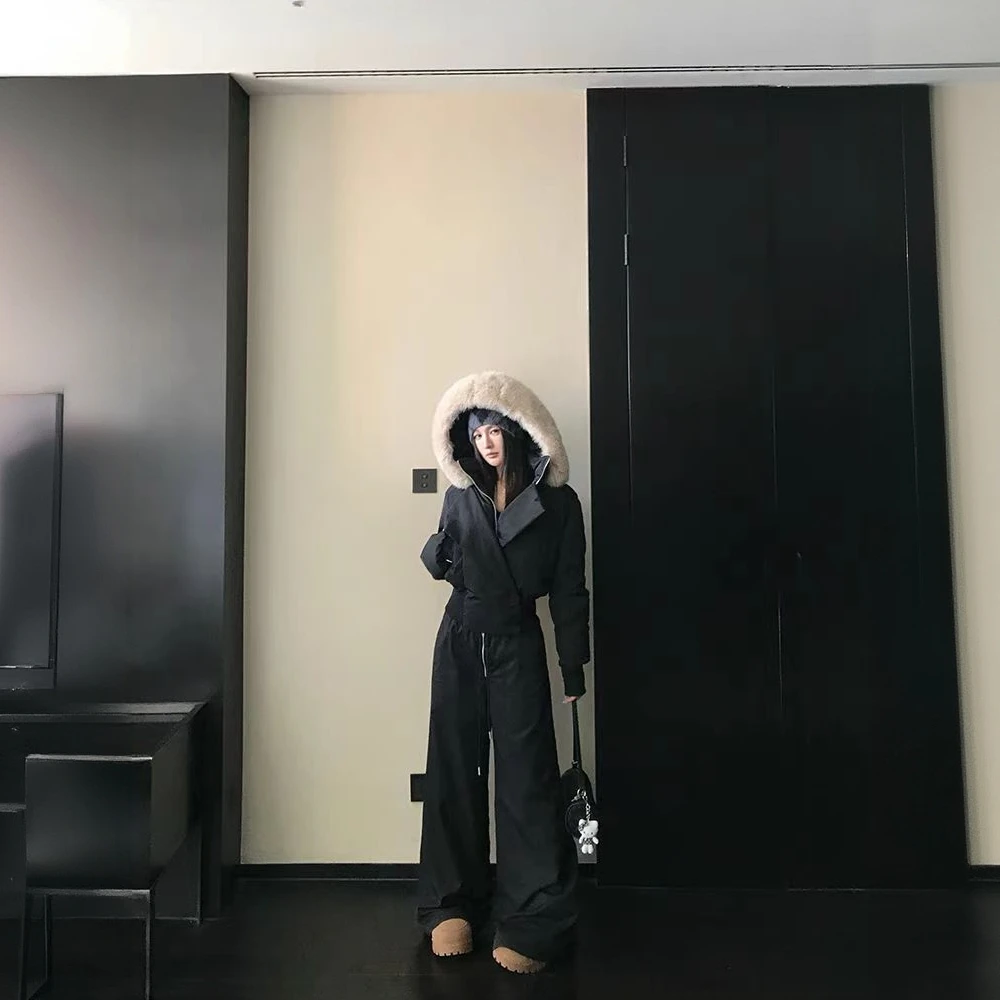 2025韩系设计感斜门襟冬季毛领派克服羽绒棉服女短款棉袄加厚外套