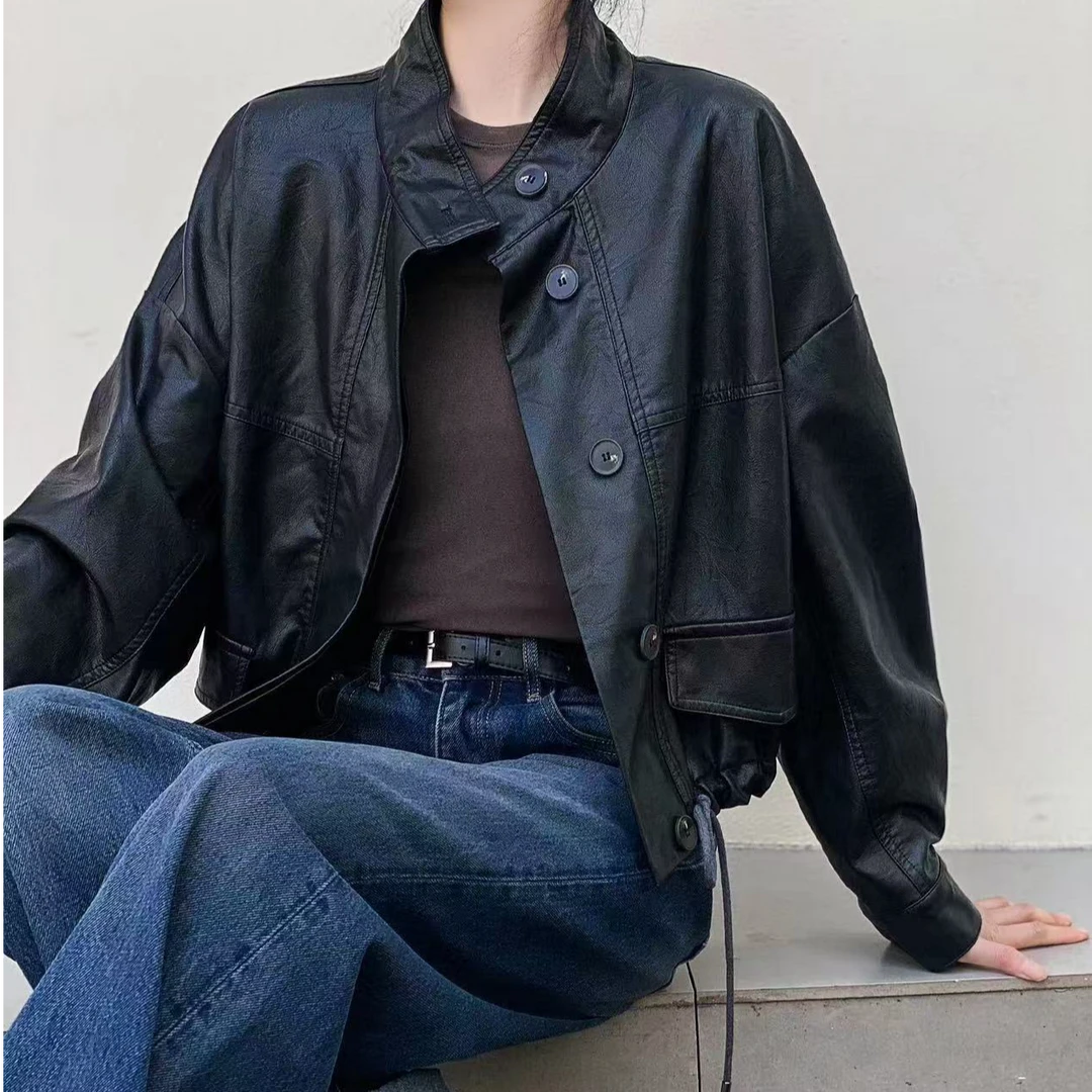 JIUER气质百搭五粒扣皮衣2593