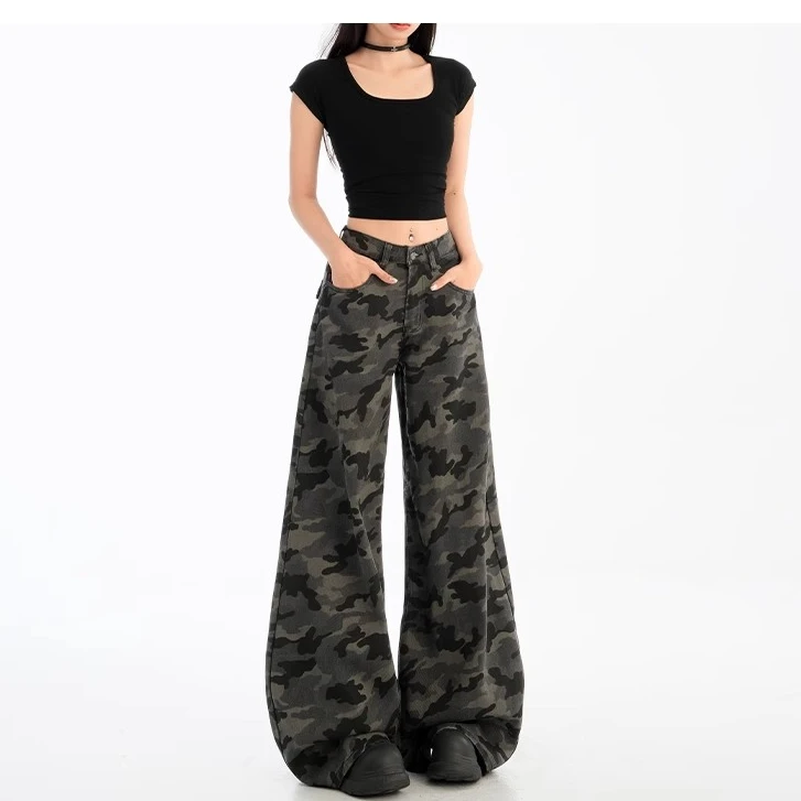 美式迷彩阔腿牛仔裤女2025夏季新款高腰宽松显瘦垂感直筒拖地裤子