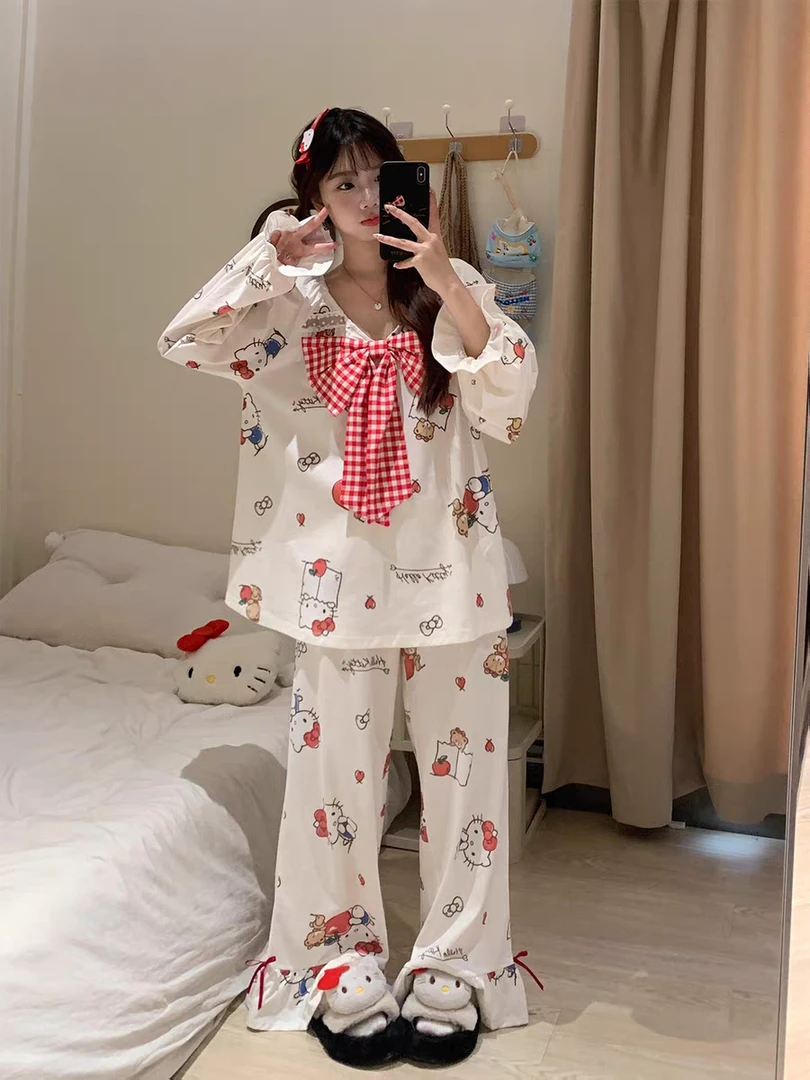 秋季韩版蝴蝶结超火kitty睡衣女夏季新款大码长袖薄款甜美家居服