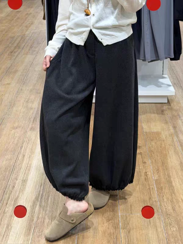 黑灰色镂空毛呢阔腿灯笼裤子女款冬加厚宽松大码小个子休闲花苞裤